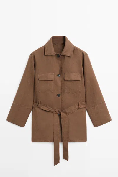 Massimo Dutti Americana Bolsillos Detalle Cinturón Lino In Brown