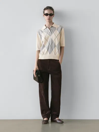 Massimo Dutti Argyle Knit Polo Sweater In White