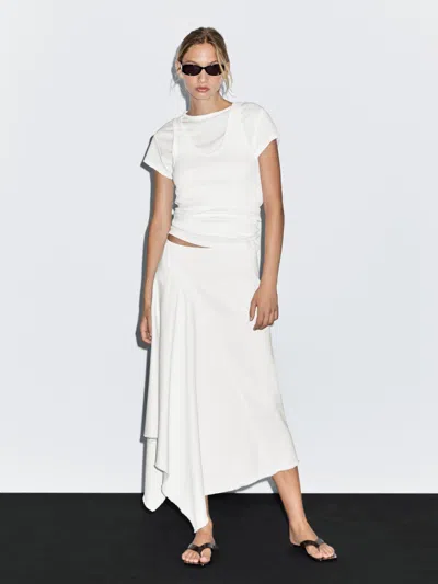 Massimo Dutti Asymmetric Denim Midi Skirt In White