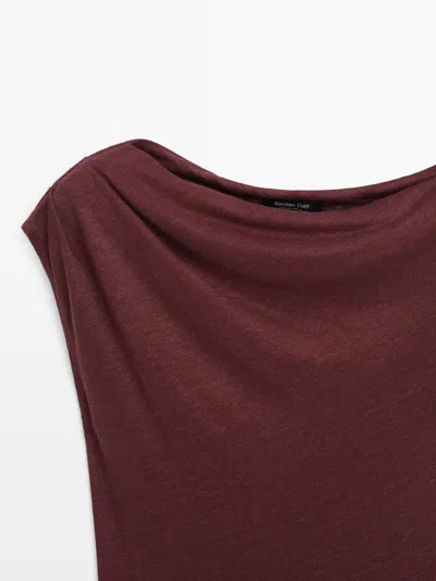 Massimo Dutti Asymmetric Draped Linen Blend Top In Burgundy