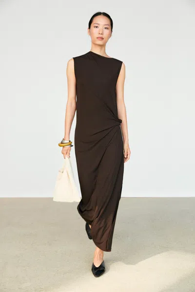 Massimo Dutti Asymmetric Ruched Midi Dress In Brown