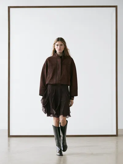 Massimo Dutti Asymmetric Skirt With Ruffles In Brown