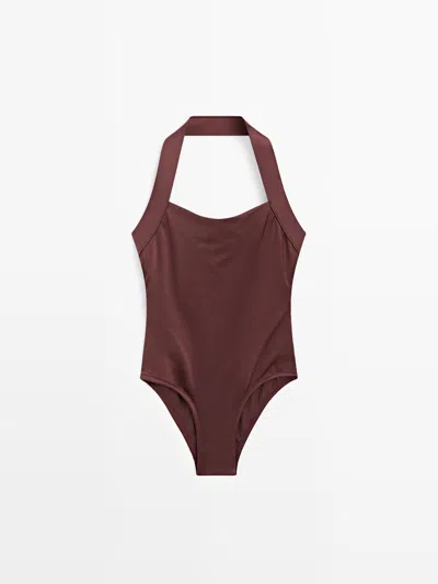 Massimo Dutti Bañador Brillo Halter In Brown