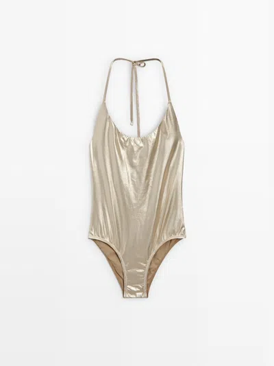 Massimo Dutti Bañador Escote Pico Metalizado In Gold