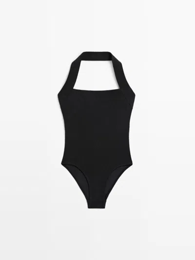 Massimo Dutti Bañador Textura Halter In Black
