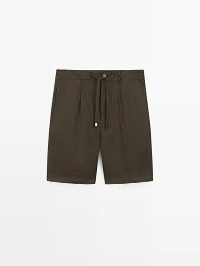 Massimo Dutti Bermuda Detalle Goma Lino In Brown