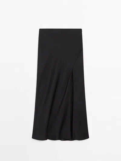 Massimo Dutti Bias-cut Textured Midi Skirt With Split Detail In Black