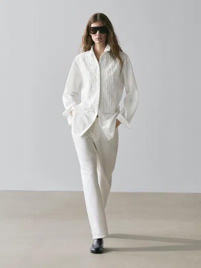 Massimo Dutti Bib Front Shirt With Embroidered Detail In White