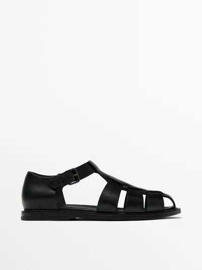 Massimo Dutti Black Leather Cage Sandals