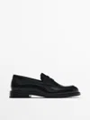 Massimo Dutti Black Leather Penny Loafers In Black