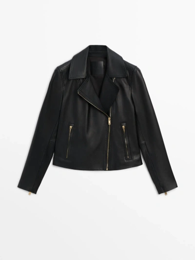 Massimo Dutti Black Nappa Leather Biker Jacket