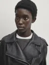 Massimo Dutti Black Nappa Leather Biker Jacket With Belt In Black
