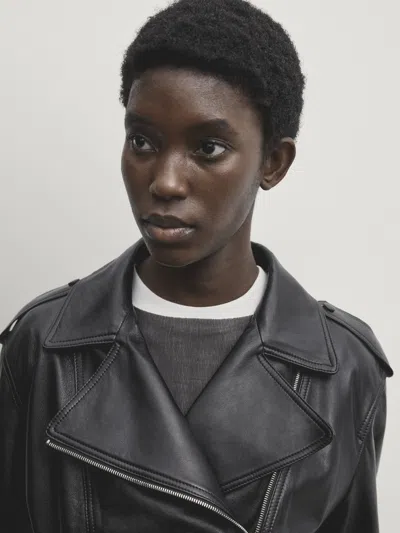 Massimo Dutti Black Nappa Leather Biker Jacket With Belt