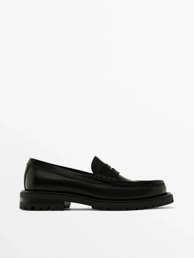 Massimo Dutti Black Track Sole Loafers With Penny Strap