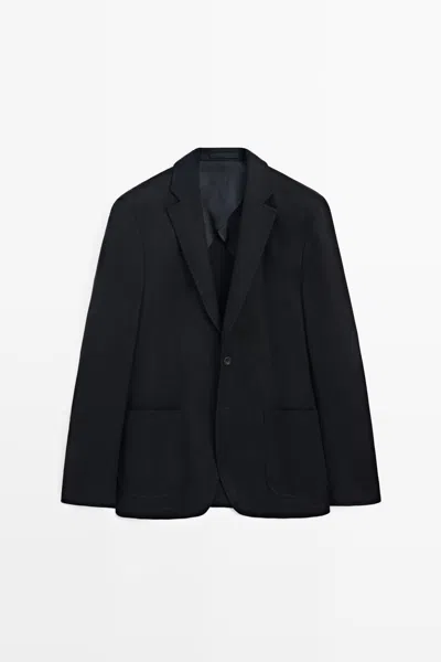 Massimo Dutti Blazer 100% De Lã Total Look In Azul-marinho