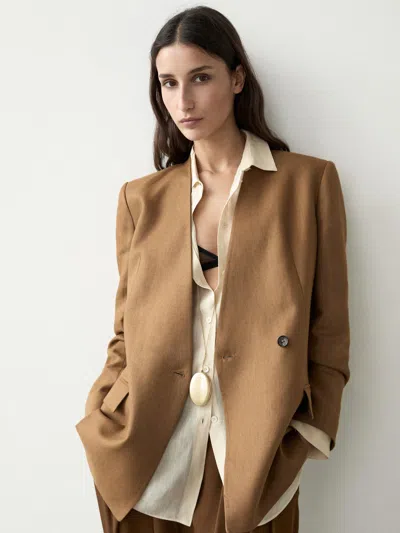 Massimo Dutti Blazer Cruzado Sem Lapela Em Linho In Brown