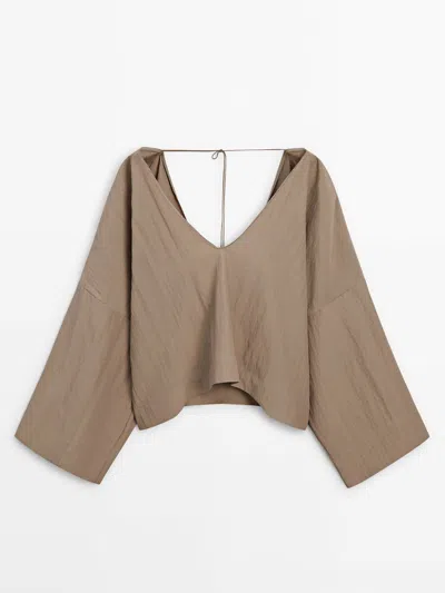 Massimo Dutti Blouse With Back Drawstring Detail In Caramel