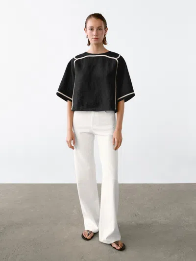 Massimo Dutti Blouse With Contrast Embroidery In Black