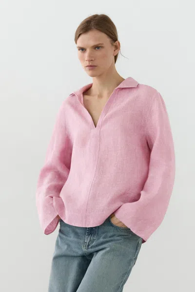 Massimo Dutti Blusa Com Gola De Bico E Lapela 100% De Linho In Pink