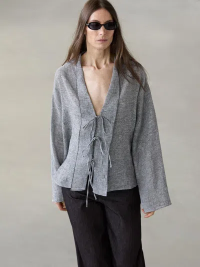 Massimo Dutti Blusa Com Pormenor De Laços Em Mistura De Linho In Gray