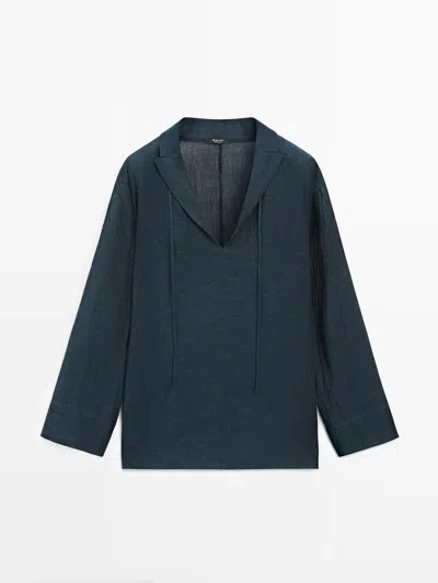 Massimo Dutti Blusa Fluida Cuello Solapa 100% Lino In Blue