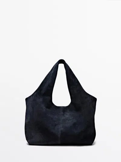 Massimo Dutti Bolso Shopper Mediano Piel Serraje In Blue