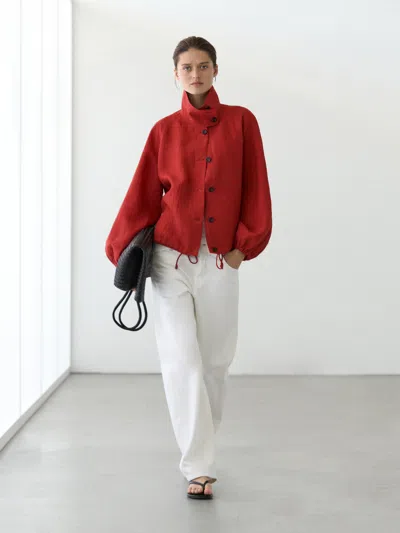 Massimo Dutti Linen Puff Bomber Jacket In Red