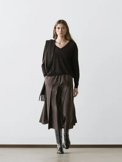 Massimo Dutti Box Pleat Technical Fabric Midi Skirt In Brown