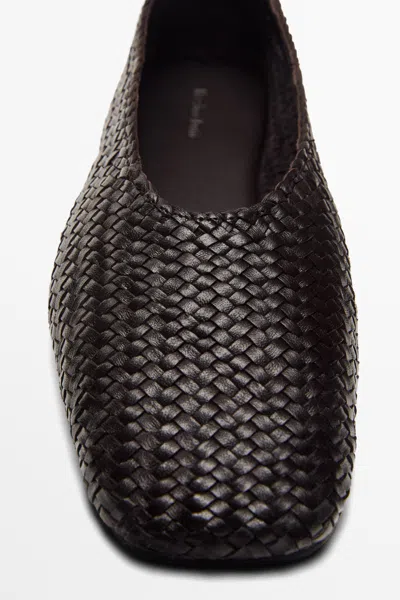 Massimo Dutti Braided Leather Ballet Flats In Black