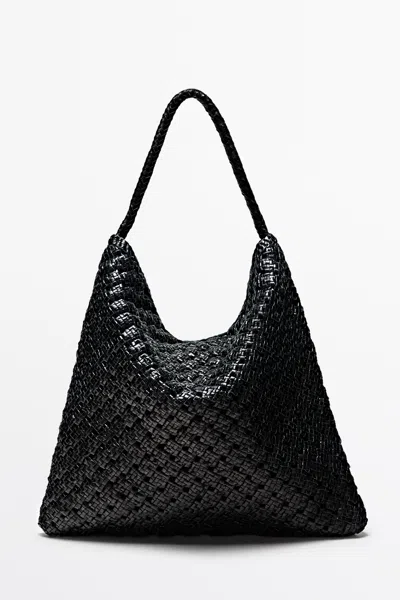 Massimo Dutti Braided Nappa Leather Bag In Black