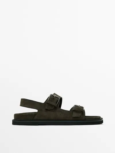 Massimo Dutti Buckle Split-leather Sandals In Brown