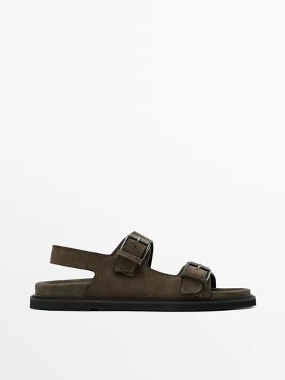 Massimo Dutti Buckle Split-leather Sandals In Mink