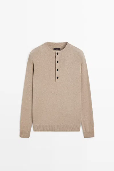Massimo Dutti Buttoned Mock Neck Knit Sweater In Golden Brown