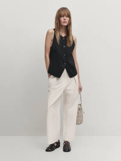 Massimo Dutti Buttoned Stretch Linen Blend Waistcoat In Schwarz