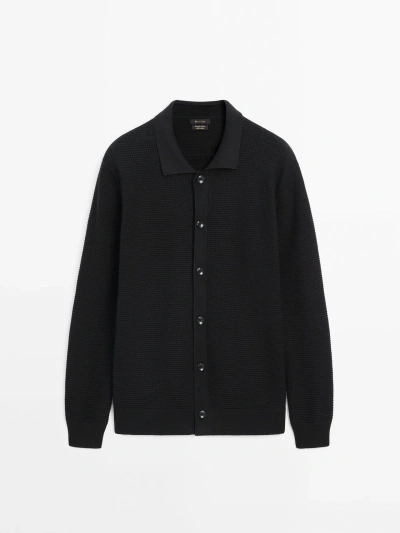 Massimo Dutti Buttoned Textured Polo Neck Cardigan In Black