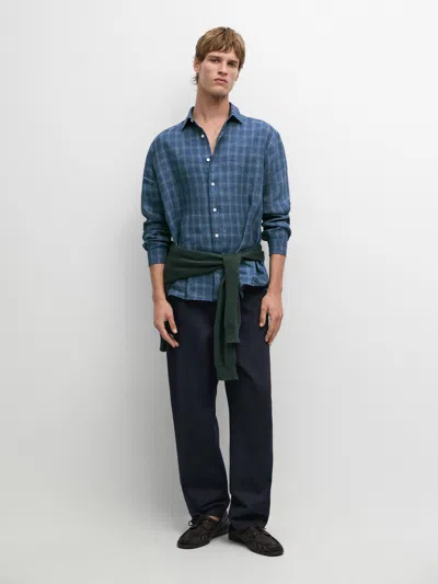 Massimo Dutti Camicia A Quadri 100% Lino In Blue
