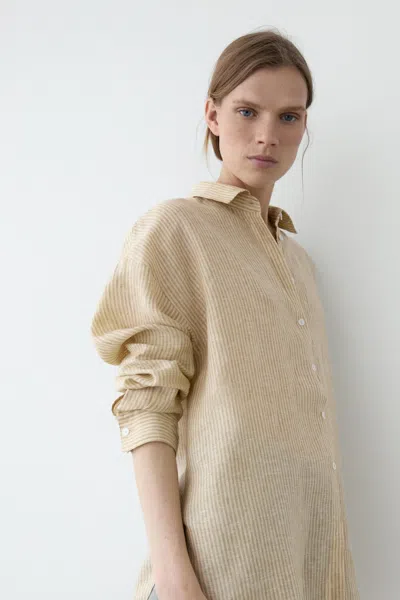 Massimo Dutti Camisa Às Riscas 100% Linho In Brown