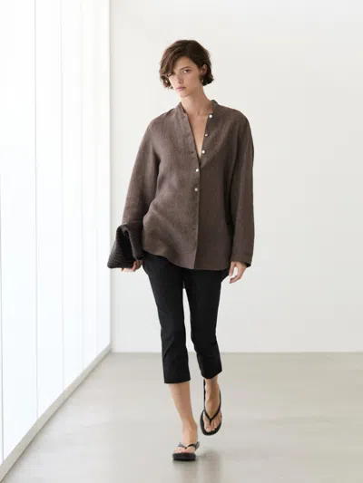 Massimo Dutti Camisa Com Decote Em V 100% De Linho In Brown