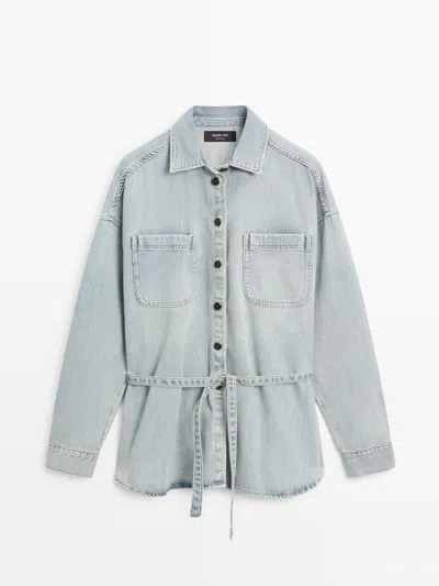 Massimo Dutti Camisa Denim Oversize Detalle Bolsillos In Blue