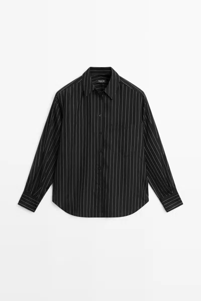 Massimo Dutti Camisa Fluida Às Riscas Com Detalhe De Bolso In Black
