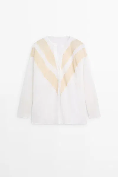 Massimo Dutti Camisa Fluida Detalle Aplique Mezcla Lino In White