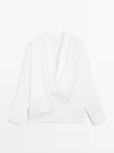 Massimo Dutti Camisa Fluida Detalle Escote Drapeado In White