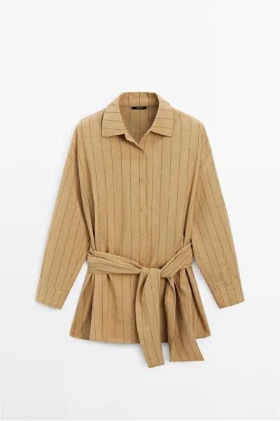 Massimo Dutti Camisa Fluida Rayas Detalle Fajín In Green