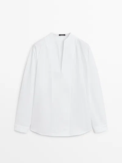Massimo Dutti Camisa Popelina Detalle Pechera In White