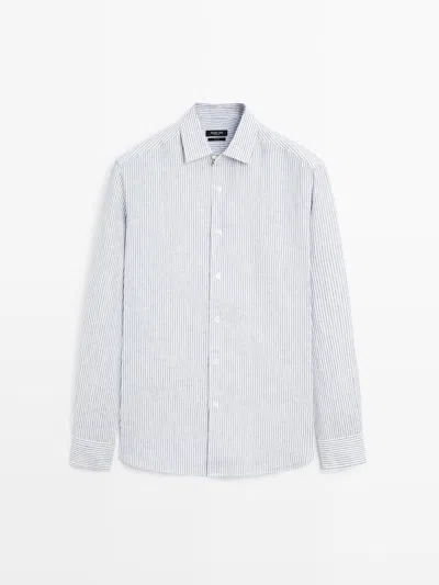 Massimo Dutti Camisa Rayas Lino In Blue
