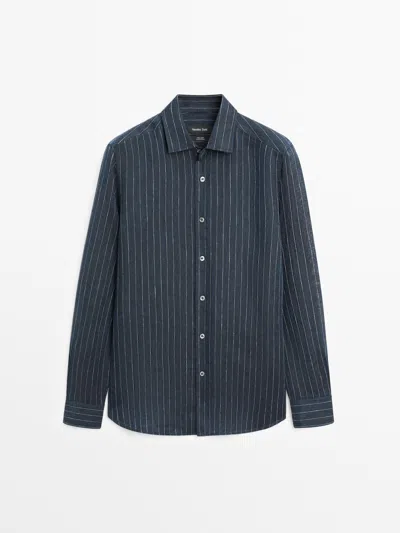 Massimo Dutti Camisa Regular Fit Rayas Lino In Blue