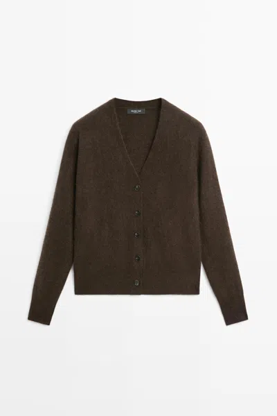 Massimo Dutti Cardigã De Malha Brushed Com Decote Em Bico E Lã In Brown