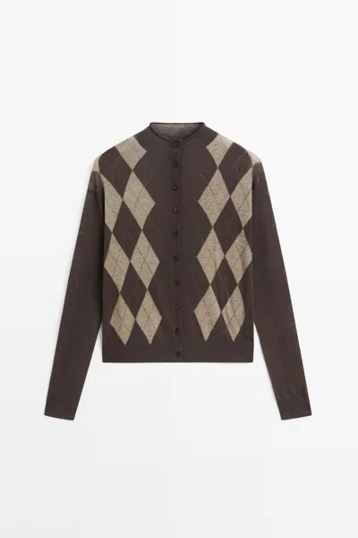 Massimo Dutti Cardigã De Malha Com Losangos 100% De Lã In Brown