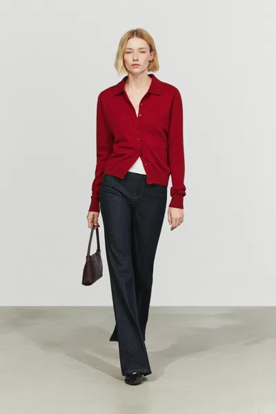 Massimo Dutti Cardigan En Maille À Col Polo 100 % Cachemire In Grenat