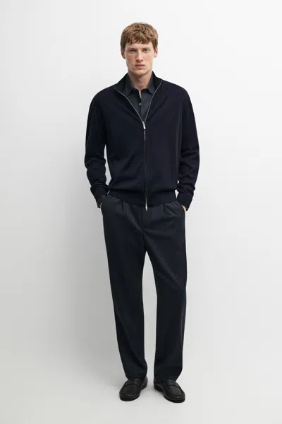Massimo Dutti Cardigan In Maglia Misto Lana Merino Con Zip In Blu Marino